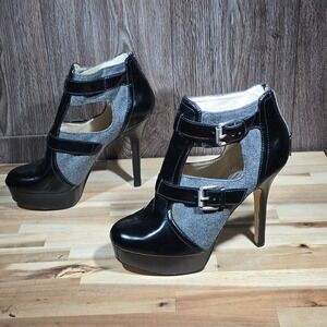 Michael Kors Wool Patent Leather Buckle Platform Bootie 9.5 Grey Black